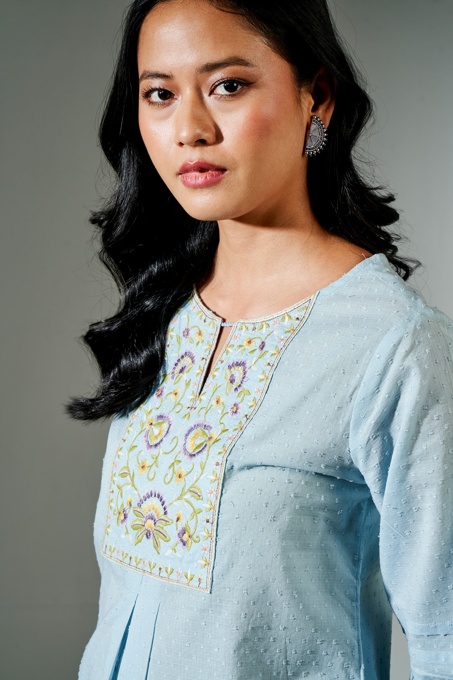 Aqua Dobby Embroidered Straight Top, Aqua, image 7